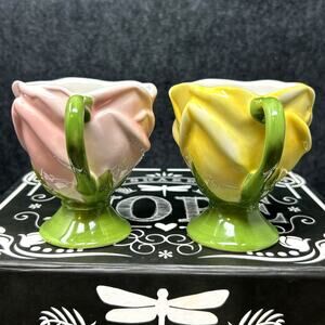 Vintage Teleflora Ceramic Rose Teacup & Saucer Set Yellow Pink 2pc Floral Design